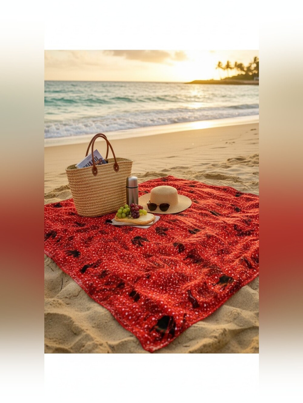 Bright Red Beach Blanket with Black Leaf Motif